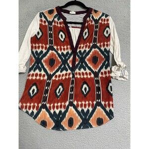 Anthropologie TINY Sima Henley Tunic Top Fabric Mix Roll Sleeve Aztec Print S